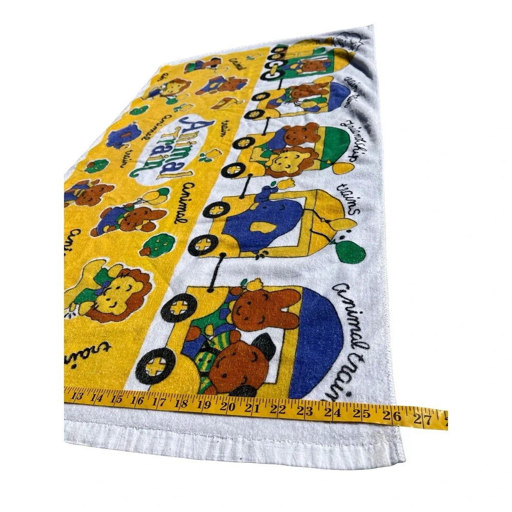 VTG 90s Rare Animal Train Kids Beach Towel Yellow White Cute Friendship Graphic